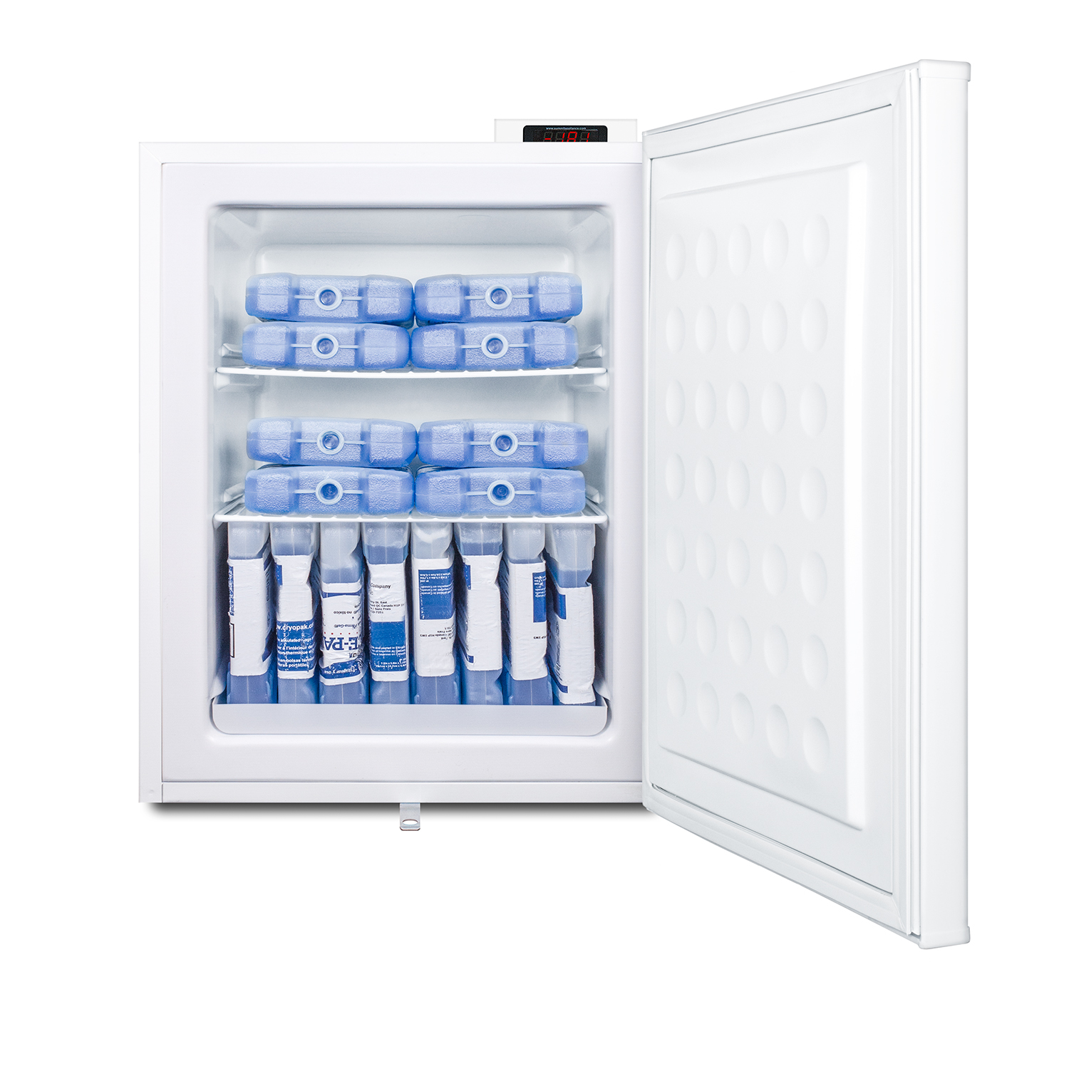 Compact manual defrost all-freezer for general purpose use, with lock and reversible door
